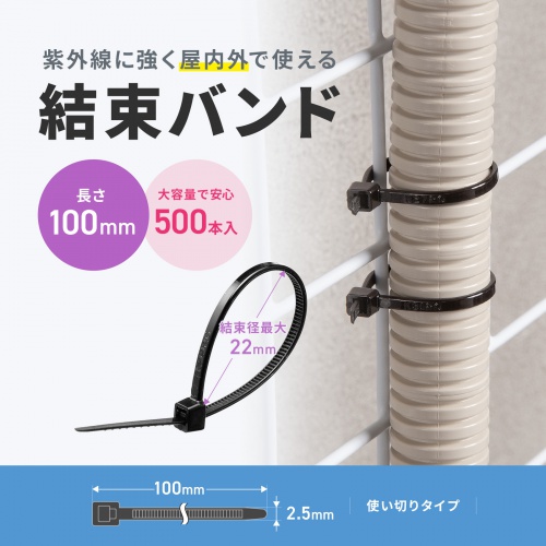 結束バンド（屋外用・長さ100mm・500本入り・耐UV・紫外線に強い・耐候性・幅2.5mm・配線・DIY・結束径最大22mm・引張強度8kg・ブラック）