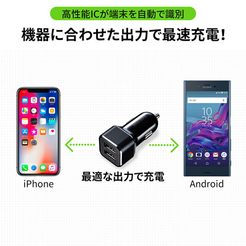 USBカーチャージャー(2ポート・合計最大4.8A・12V/24V車対応)