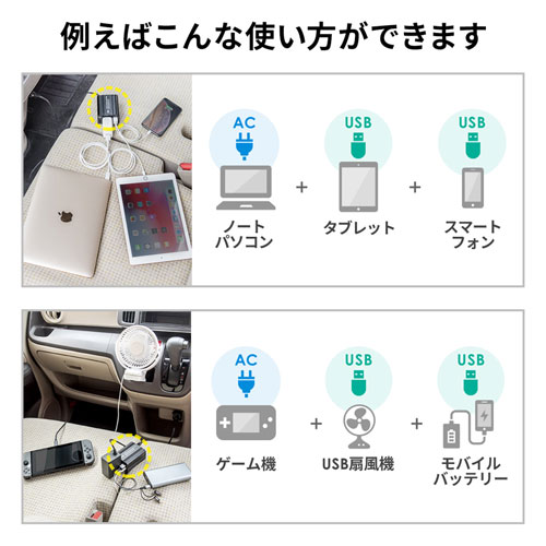 カーインバーター（120W・AC電源・USB電源・DC12V）