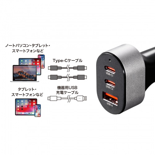 カーチャージャー（PD対応・最大67W・Type-C×3・USB-A×1・12V/24V車対応・スマホ・タブレット・ノートパソコン）