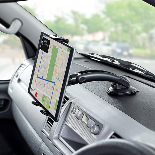車載用タブレットホルダー（吸盤式・ダッシュボード取り付け・厚さ15㎜以下・ブラック）