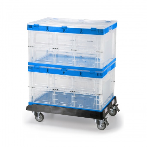 コンテナドーリー / 台車（75リットルサイズ・折りたたみコンテナ対応・片面オープン・耐荷重300kg・滑り止め付き・ロックキャスター・ネームプレート付き・ブラック）