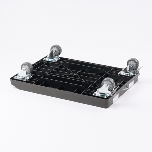 コンテナドーリー / 台車（75リットルサイズ・折りたたみコンテナ対応・片面オープン・耐荷重300kg・滑り止め付き・ロックキャスター・ネームプレート付き・ブラック）