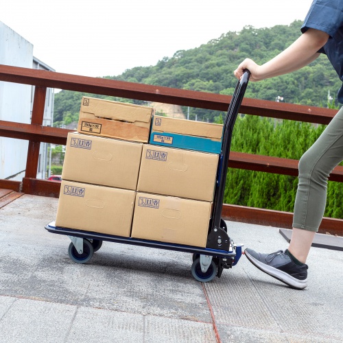 台車（ストッパー付き・ 折りたたみ・耐荷重150kg・滑り止め付き・スチール製・車載・傷防止ゴムラバー・荷崩れ防止プレート・倉庫・物流・業務用・ネイビー）