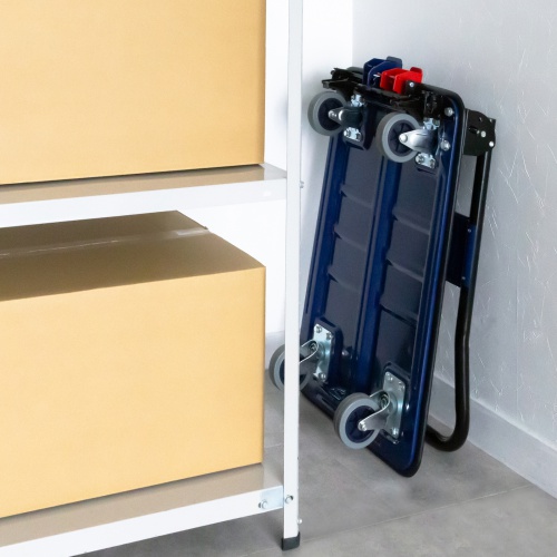 台車（ストッパー付き・ 折りたたみ・耐荷重150kg・滑り止め付き・スチール製・車載・傷防止ゴムラバー・荷崩れ防止プレート・倉庫・物流・業務用・ネイビー）