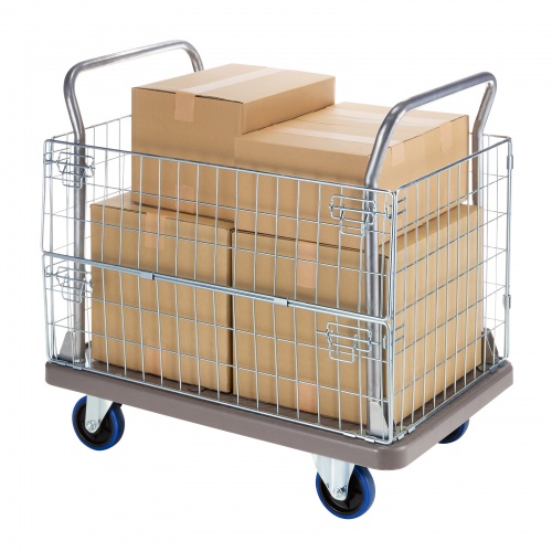 かご付き台車（耐荷重300kg・金網・2段階開閉・滑り止め加工・倉庫・物流・業務用・グレー）