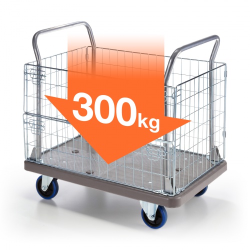 かご付き台車（耐荷重300kg・金網・2段階開閉・滑り止め加工・倉庫・物流・業務用・グレー）