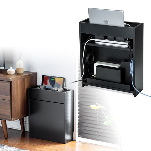 ケーブル＆タップ、ルーター収納ボックス（ブラック）