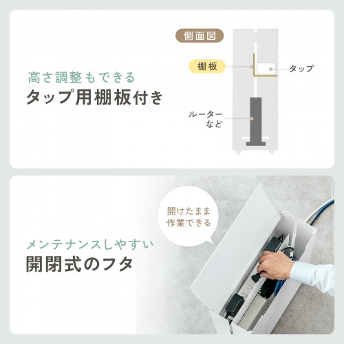 ケーブル収納ボックス（キャスター付き・スチール製・電源タップ収納・高さ調整棚板・デスク下・ホワイト）