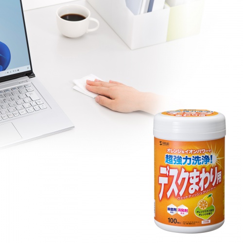 デスクまわり用ウェットティッシュ（100枚入り・除菌・消臭・オレンジエキス・電解アルカリイオン水）