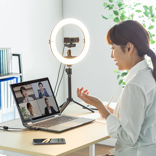 スタンド付きリングライト（WEBカメラ・スマホ取り付け可能・明るさ無段階調節・テレワーク・動画配信・折りたたみ・持ちはこび）