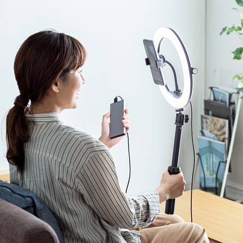 スタンド付きリングライト（WEBカメラ・スマホ取り付け可能・明るさ無段階調節・テレワーク・動画配信・折りたたみ・持ちはこび）