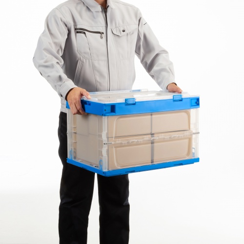 折りたたみコンテナ（50L・透明・ふた付き・総耐荷重45kg・スタッキング・シボ加工・ロック機能・大容量・収納ケース・ボックス・クリア）