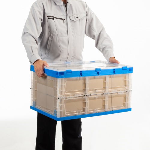 折りたたみコンテナ（75L・透明・ふた付き・総耐荷重45kg・スタッキング・シボ加工・ロック機能・大容量・収納ケース・ボックス・クリア）