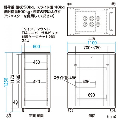 サーバーラック｜19インチマウント・24U・メッシュ扉・キャスター付・即納