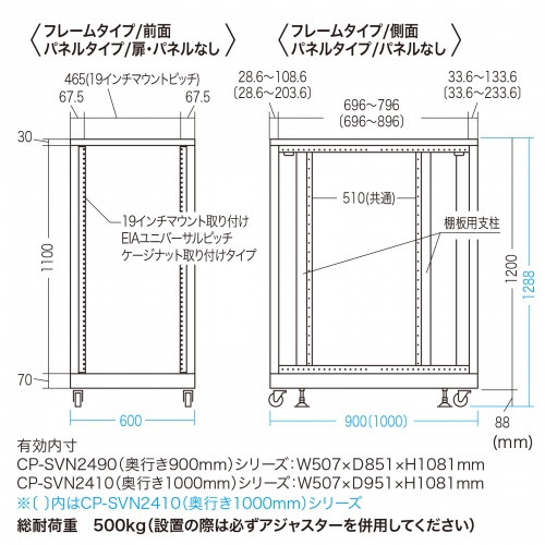 サーバーラック（19インチ・eia・フレーム・放熱・キャスター・アジャスター・24U・黒）サンワサプライ CP-SVN2490NPBKN