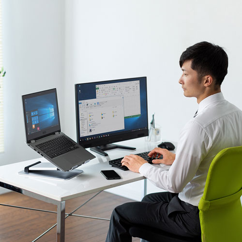 ノートパソコンスタンド(アルミ・折りたたみ・コンパクト・高さ/角度調整可・スタンディング対応・持ち運び可能)