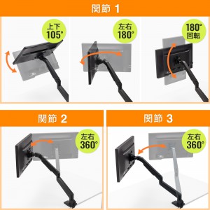 モニターアーム（シングル・机・クランプ・上下・左右・回転・高さ調節・リモートワーク）CR-LA1301BKN2 サンワサプライ