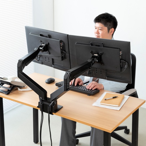 モニターアーム（2画面・デュアル・クランプ式・水平・垂直・多関節・液晶・グロメット式・ガスシリンダー・クランプ・グロメット・VESA・ブラック） CR-LA1302BKN2 サンワサプライ