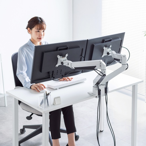 モニターアーム（2画面・デュアル・クランプ式・グロメット式・ガス式・上下・左右・回転・前後・ホワイト）CR-LA1302WN2 サンワサプライ