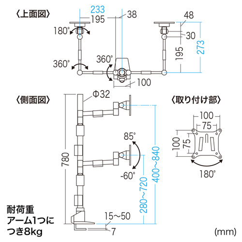 モニターアーム 4画面｜32インチ・位置調整・スリムクランプ/穴あけ