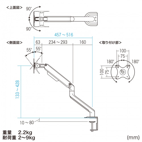 モニターアーム（クランプ式・水平・垂直・多関節・液晶・グロメット式） CR-LA1901 サンワサプライ