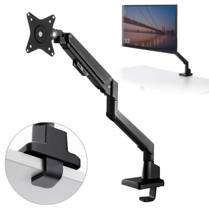 モニターアーム（上下・左右・高さ・回転・シングル・ガススプリング・32インチ対応・耐荷重9kg・クランプ・グロメット・ディスプレイアーム・ブラック） 