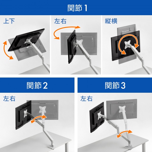 モニターアーム（上下・左右・高さ・回転・シングル・ガススプリング・32インチ対応・耐荷重9kg・クランプ・グロメット・ディスプレイアーム・ホワイト） CR-LAC1403W サンワサプライ