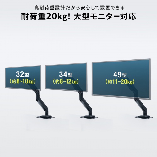 モニターアーム（32インチ対応・高耐荷重・最大49インチ対応・8～20kg対応・クランプ/グロメット固定対応・ブラック）