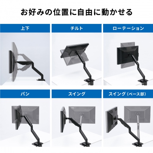 モニターアーム（32インチ対応・高耐荷重・最大49インチ対応・8～20kg対応・クランプ/グロメット固定対応・ブラック）