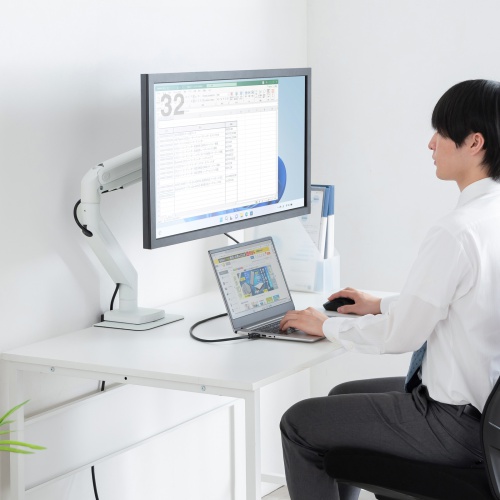 モニターアーム（32インチ対応・高耐荷重・最大49インチ対応・8～20kg対応・クランプ/グロメット固定対応・ホワイト）