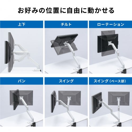 モニターアーム（32インチ対応・高耐荷重・最大49インチ対応・8～20kg対応・クランプ/グロメット固定対応・ホワイト）