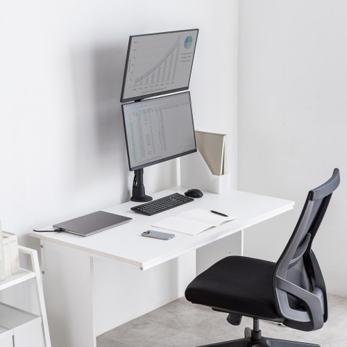 モニターアーム（ディスプレイアーム・2画面上下・デュアルモニター・薄型クランプ・支柱・耐荷重各9kg・32インチまで対応・ブラック）