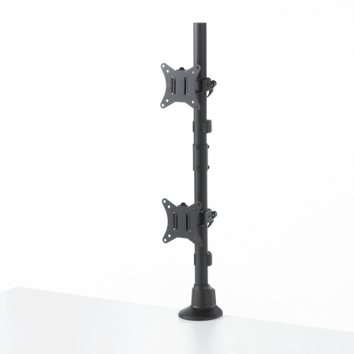 モニターアーム（ディスプレイアーム・2画面上下・デュアルモニター・薄型クランプ・支柱・耐荷重各9kg・32インチまで対応・ブラック）