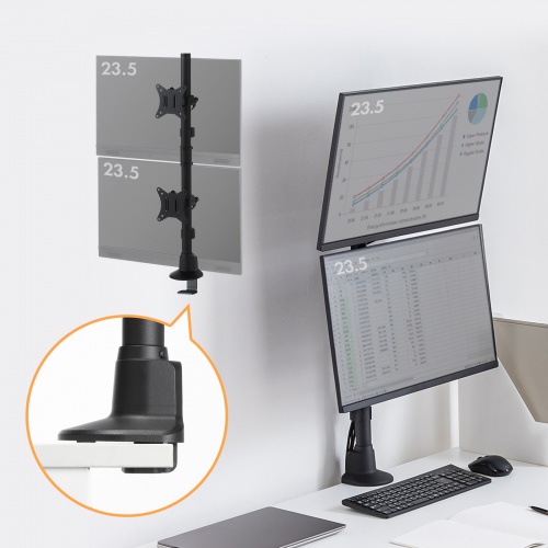 モニターアーム（ディスプレイアーム・2画面上下・デュアルモニター・薄型クランプ・支柱・耐荷重各9kg・32インチまで対応・ブラック）