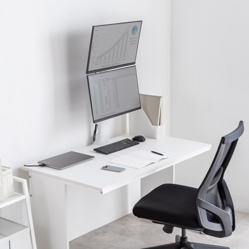 モニターアーム（ディスプレイアーム・2画面上下・デュアルモニター・薄型クランプ・支柱・耐荷重各9kg・32インチまで対応・ホワイト）