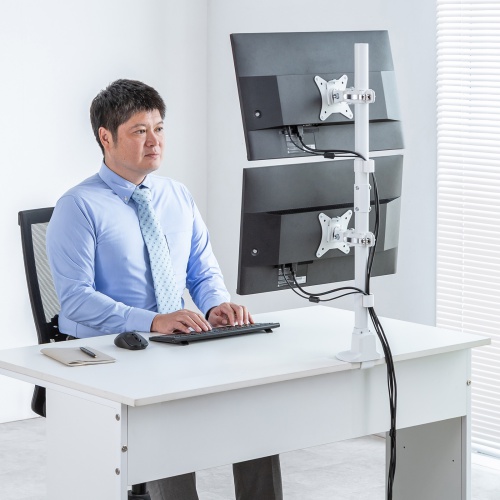 モニターアーム（ディスプレイアーム・2画面上下・デュアルモニター・薄型クランプ・支柱・耐荷重各9kg・32インチまで対応・ホワイト）