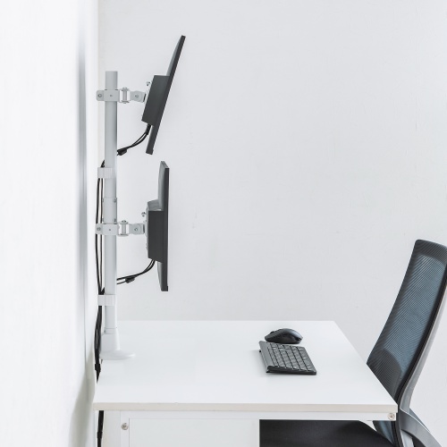 モニターアーム（ディスプレイアーム・2画面上下・デュアルモニター・薄型クランプ・支柱・耐荷重各9kg・32インチまで対応・ホワイト）