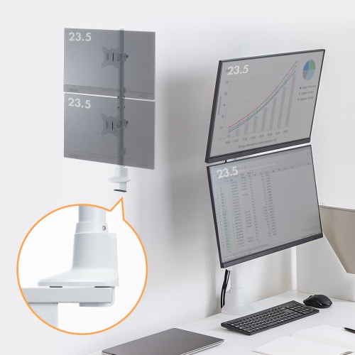 モニターアーム（ディスプレイアーム・2画面上下・デュアルモニター・薄型クランプ・支柱・耐荷重各9kg・32インチまで対応・ホワイト）