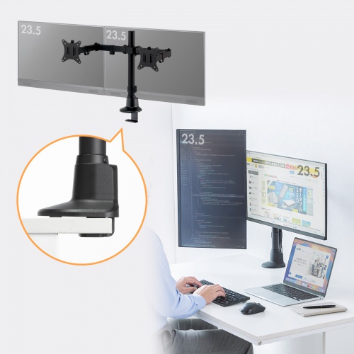 モニターアーム（ディスプレイアーム・2画面左右・デュアルモニター・薄型クランプ・耐荷重各9kg・32インチまで対応・ブラック）