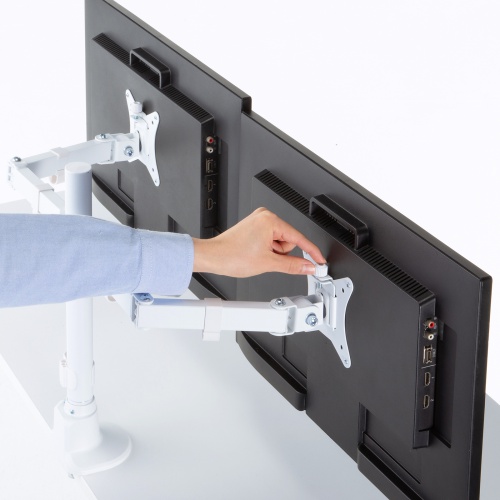 モニターアーム（ディスプレイアーム・2画面左右・デュアルモニター・薄型クランプ・耐荷重各9kg・32インチまで対応・ホワイト）