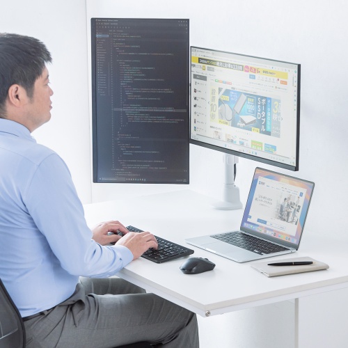 モニターアーム（ディスプレイアーム・2画面左右・デュアルモニター・薄型クランプ・耐荷重各9kg・32インチまで対応・ホワイト）