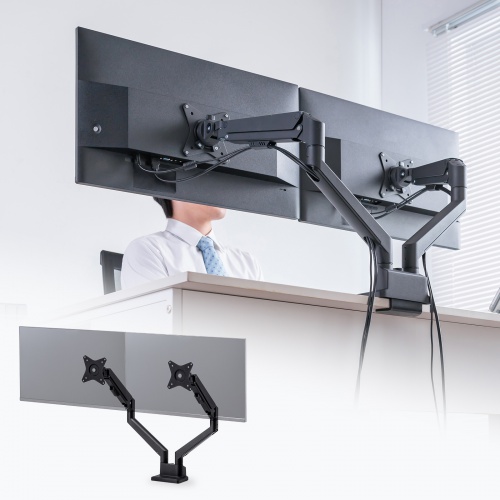 モニターアーム（デュアル・2画面・薄型クランプ・32インチ対応・ガススプリング式・耐荷重1～9kg・ブラック）