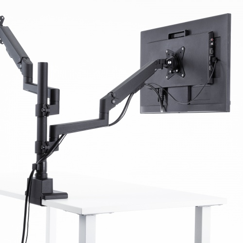 モニターアーム（ディスプレイアーム・2画面上下左右・デュアルモニター・ガススプリング・薄型クランプ・耐荷重各1から9kg・32インチまで対応・ブラック）