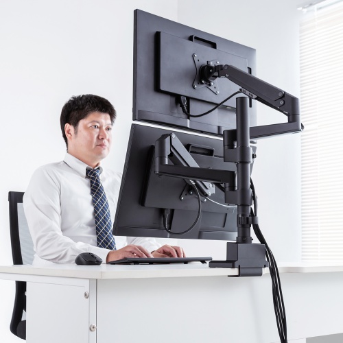 モニターアーム（ディスプレイアーム・2画面上下左右・デュアルモニター・ガススプリング・薄型クランプ・耐荷重各1から9kg・32インチまで対応・ブラック）