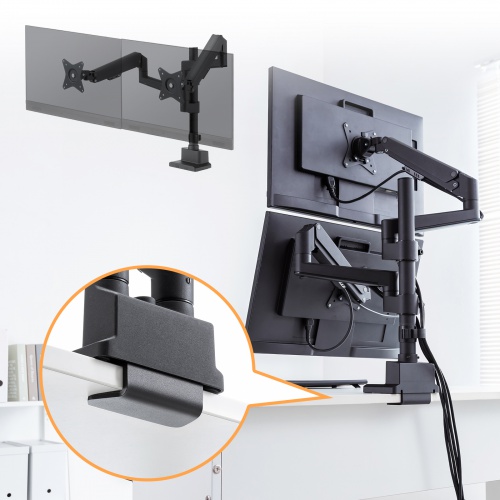 モニターアーム（ディスプレイアーム・2画面上下左右・デュアルモニター・ガススプリング・薄型クランプ・耐荷重各1から9kg・32インチまで対応・ブラック）