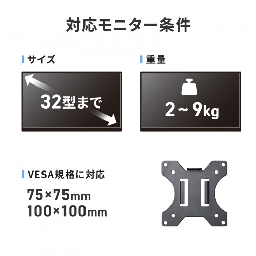 モニターアーム（壁掛け金具・32インチ対応・上下左右調整・3関節・耐荷重9kg）