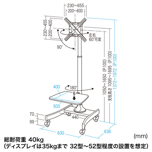 テレビスタンド（キャスター・移動式・棚付き・壁寄せ・角度調整・高さ調整・おすすめ）CR-PL27BK サンワサプライ