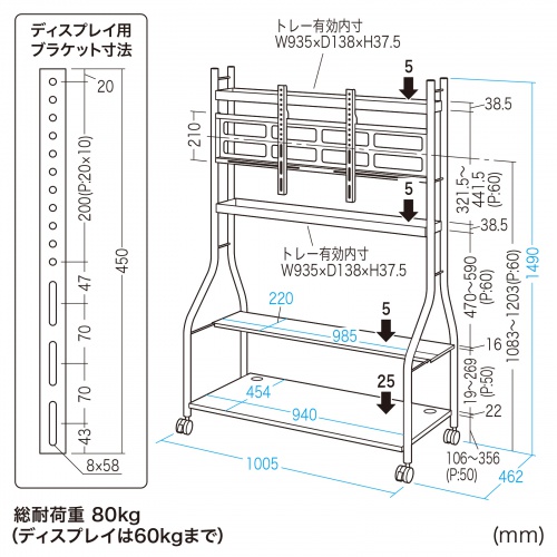 テレビスタンド（ディスプレイスタンド・40～65インチ対応・ディスプレイ耐荷重60kg・中棚・下棚・ディスプレイブラケット・大型キャスター付き） CR-PL58BK サンワサプライ