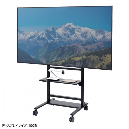 テレビスタンド（ハイタイプ・キャスター付き・55～100インチ対応・高耐荷重・日本製・棚板付き・ブラック）